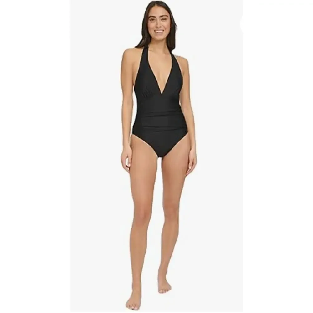 TOMMY HILFIGER NWT Black Plunge Halter Swim Suit // 8